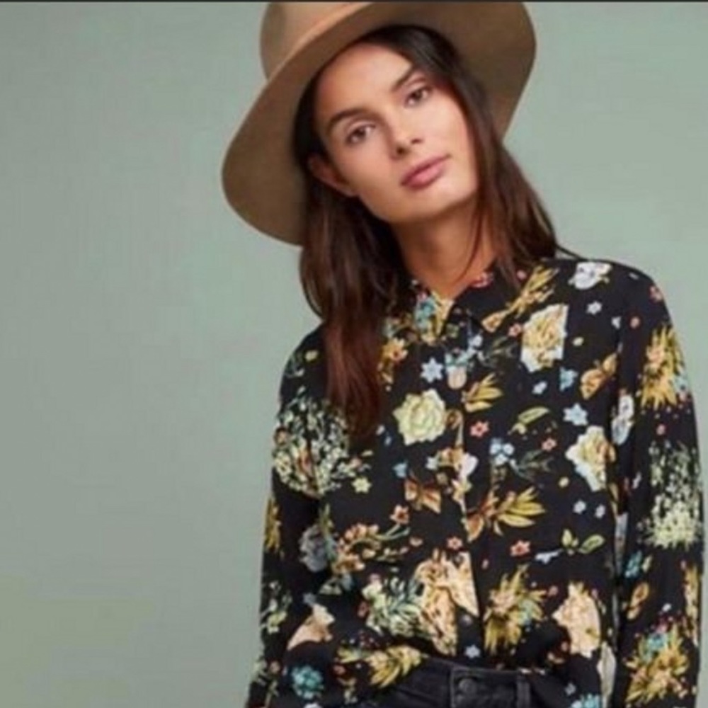 Maeve Black Floral Button Down Shirt